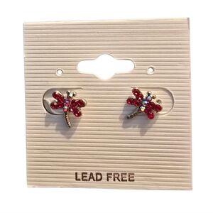 Dragonfly Stud Earrings Red & Iridescent Crystal NWT Approx. 1 cm x 1 cm